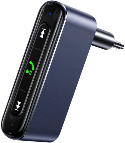 blauwe draadloze apparaat met drie knoppen en groene telefoon icoon verlichting