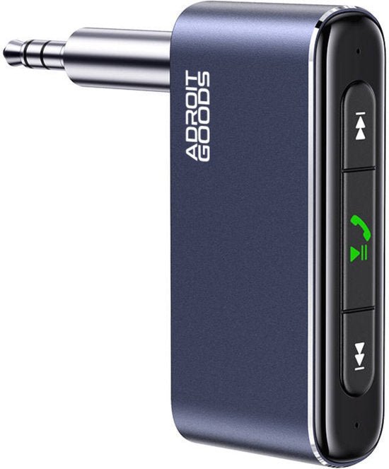 compact blauw apparaat met 3,5 mm aansluiting en drie bedieningstoetsen met groene telefoonindicator