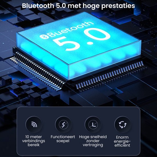 Blauwe Bluetooth 5.0 chip met prestaties en iconen voor bereik, snelheid en efficiëntie