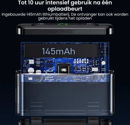 Close-up van een elektronisch apparaat met een ingebouwde 145mAh lithiumbatterij en oplaadindicator.