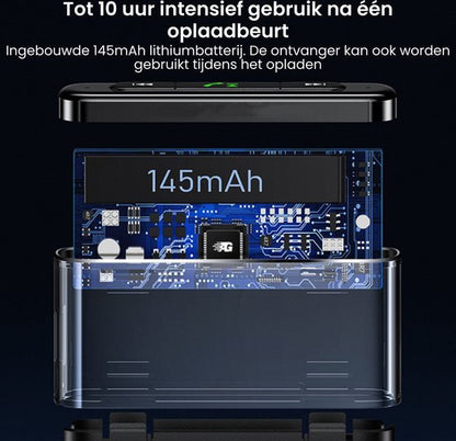 Close-up van een elektronisch apparaat met een ingebouwde 145mAh lithiumbatterij en oplaadindicator.