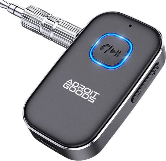 Zwarte draadloze adapter met opgenomen knop en blauwe LED-ring van AdroitGoods