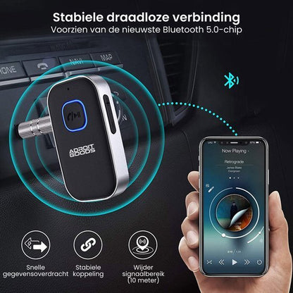 Draadloze adapter met Bluetooth 5.0-chip en overzicht van snelle gegevensoverdracht en signaalbereik