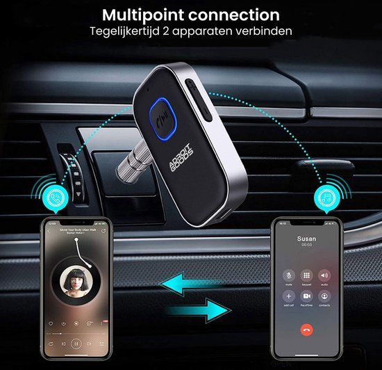 Draadloze autotransmitter met multifunctionele aansluiting en verbindingsmogelijkheden voor twee apparaten