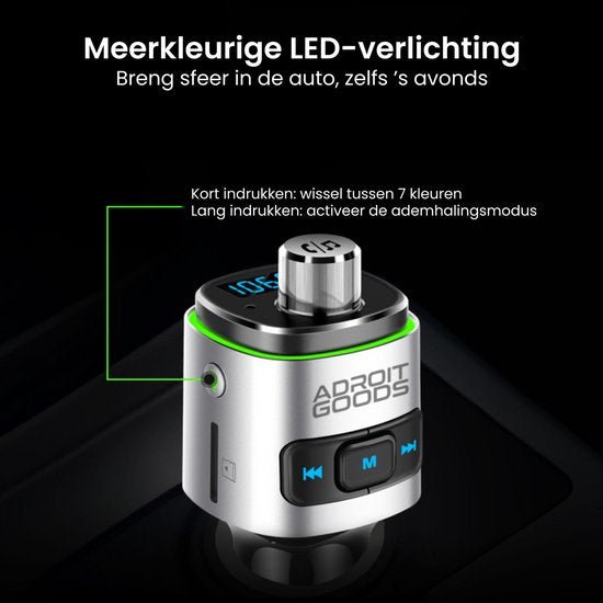 Compact zilverkleurig apparaat met kleurrijke LED-verlichting en bedieningselementen voor autogebruik