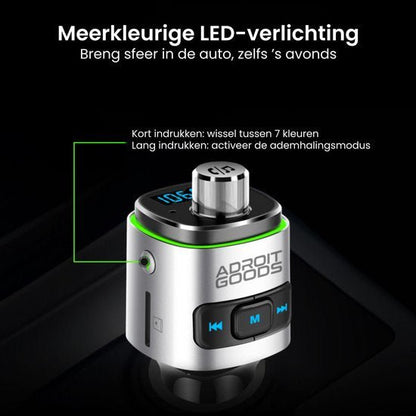 Compact zilverkleurig apparaat met kleurrijke LED-verlichting en bedieningselementen voor autogebruik