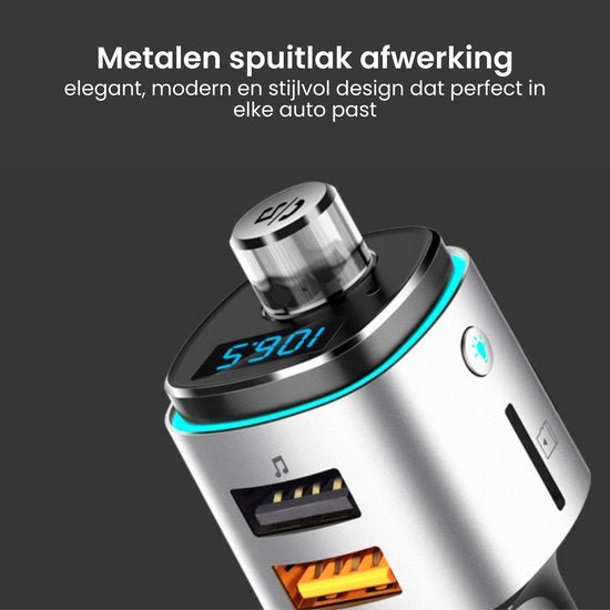 close-up van een metalen, stijlvolle autolader met digitale display en USB-poorten