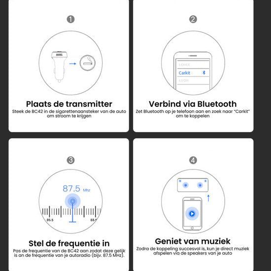 Stapsgewijze instructies voor het installeren en gebruiken van een Bluetooth transmitter in de auto.