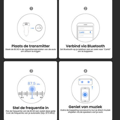 Stapsgewijze instructies voor het installeren en gebruiken van een Bluetooth transmitter in de auto.