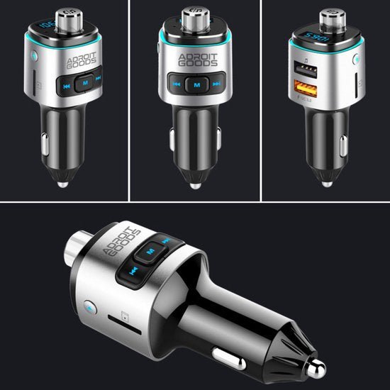 Zilverkleurige autolader met USB-poorten, bedieningsknoppen en blauw accentlicht van AdroitGoods.