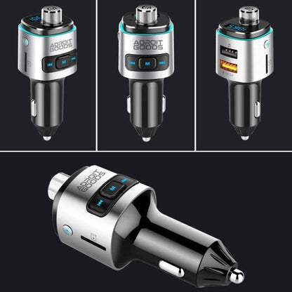 Zilverkleurige autolader met USB-poorten, bedieningsknoppen en blauw accentlicht van AdroitGoods.