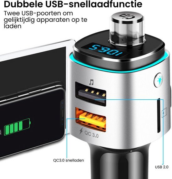 Draadloze autolader met dubbele USB-poorten voor snel opladen van twee apparaten tegelijk