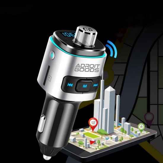 Modern apparaat voor in de auto met bedieningselementen en stadskaart op achtergrond