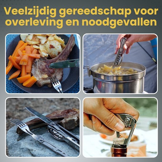 Multifunctioneel survivalgereedschap gebruikt voor koken, snijden en openen tijdens outdoor activiteiten.