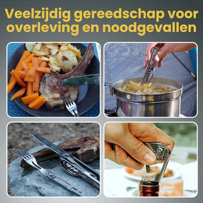 Multifunctioneel survivalgereedschap gebruikt voor koken, snijden en openen tijdens outdoor activiteiten.