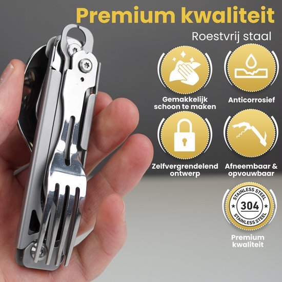 Hand die een inklapbaar roestvrijstalen bestekhoudersysteem vasthoudt met kwaliteitspictogrammen erbij