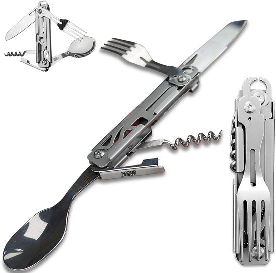 multifunctioneel inklapbaar bestek met mes, vork, lepel en kurkentrekker van roestvrij staal