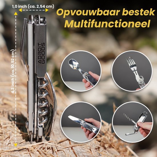 Compact opvouwbaar multifunctioneel bestek met lepel, vork, mes en kurkentrekker in gebruik