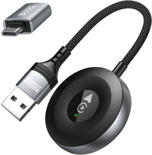 zwart rond apparaat met usb-kabel en usb-c adapter voor verbinding en opladen