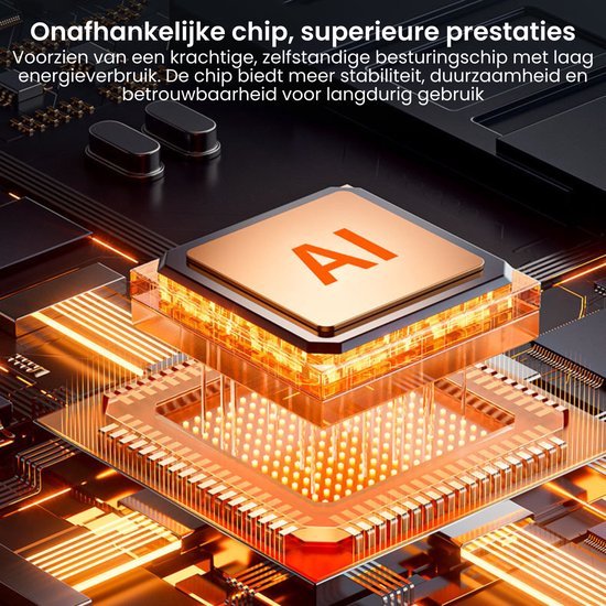 3D afbeelding van een verlichte computerchip met AI-logo op een printplaat in oranje tinten