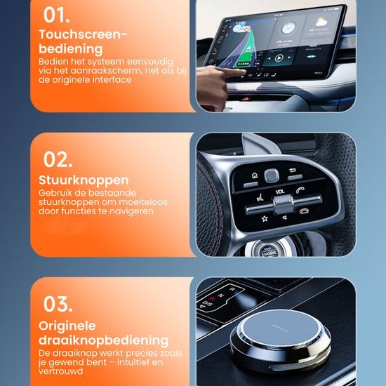 Drie close-up beelden van verschillende bedieningspanelen in een auto met instructies erbij