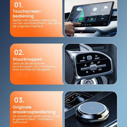 Drie close-up beelden van verschillende bedieningspanelen in een auto met instructies erbij