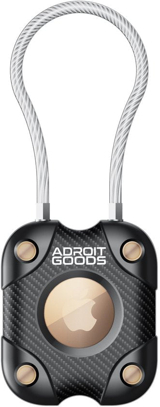slank zwart carbon fiber slot met metalen kabel en zichtbaar Apple AirTag in het midden