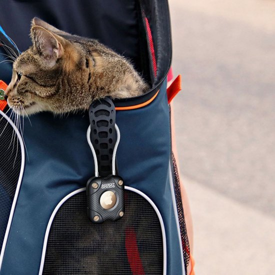 Kat steekt kop uit draagbare rugzak met zwart en oranje accent op straatzijde