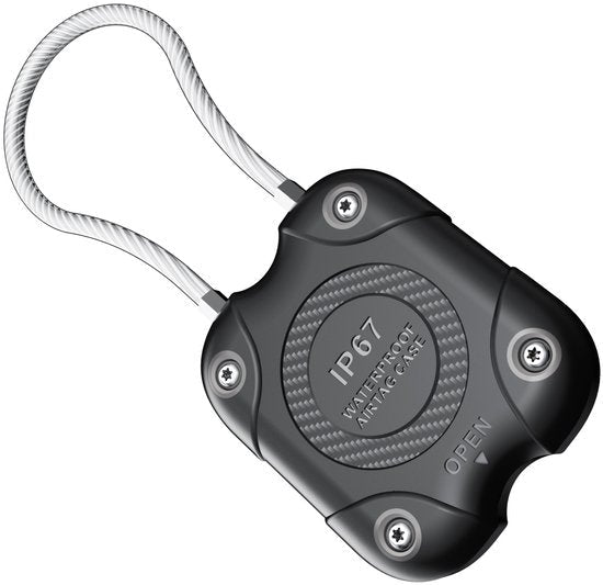 Zwart waterdicht beschermhoesje met metalen bevestigingskabel en beveiligingsschroeven