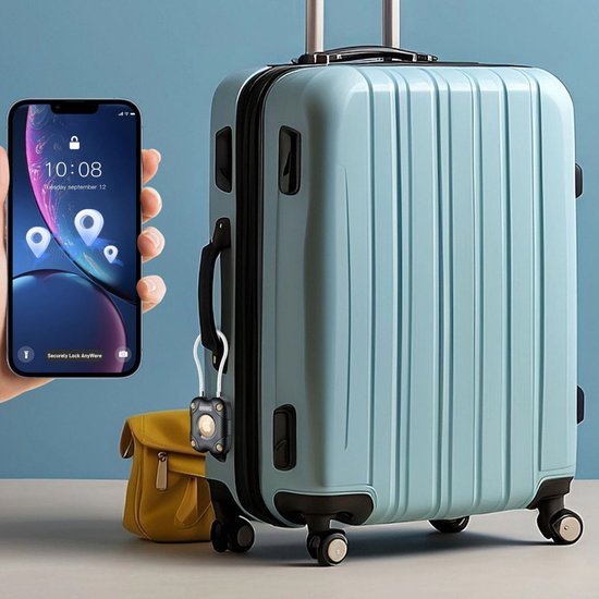 Lichtblauwe harde koffer met wieltjes en een smartphone met locatie-app in hand.