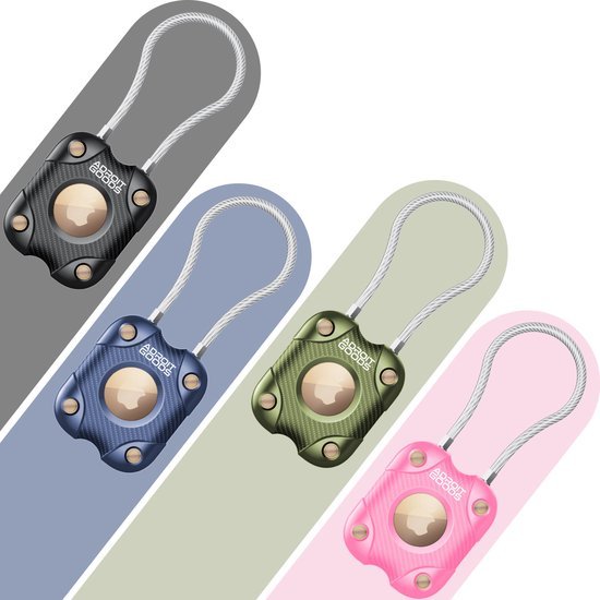 vier verschillende sleutelhangers met metalen lus in zwart, blauw, groen en roze kleuren