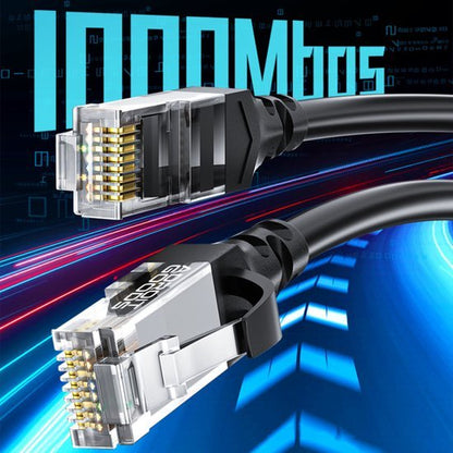 Twee zwarte netwerkkabels met transparante en metalen connectoren tegen blauwe digitale achtergrond