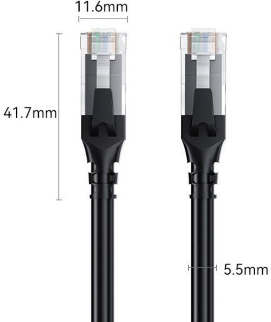 Zwarte netwerkkabel met twee stekkers en afmetingen van 41,7mm bij 11,6mm en 5,5mm dikte.