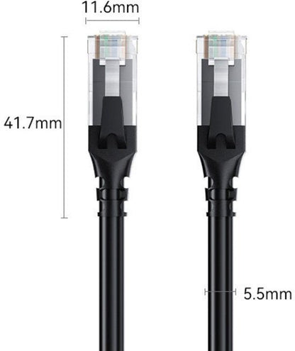 Zwarte netwerkkabel met twee stekkers en afmetingen van 41,7mm bij 11,6mm en 5,5mm dikte.