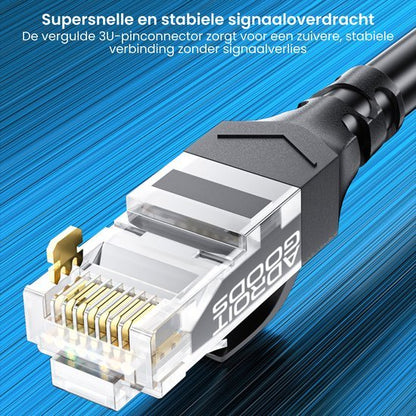 Eerste close-up van een netwerkstekker met gouden pinnetjes op blauwe achtergrond