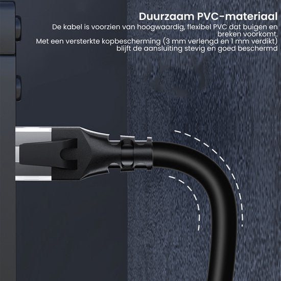 Zwarte kabel met duurzame, flexibele PVC-bekleding en versterkte kopbeschermer tegen breken.