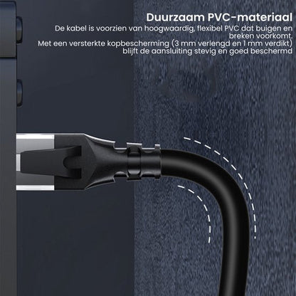 Zwarte kabel met duurzame, flexibele PVC-bekleding en versterkte kopbeschermer tegen breken.