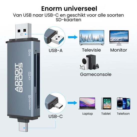 Universele USB kaartlezer geschikt voor SD, microSD met USB-A en USB-C aansluitingen.