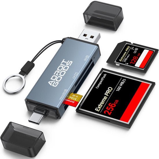 usb kaartlezer met meerdere geheugenkaartsleuven en beschermkapjes in grijs zwart