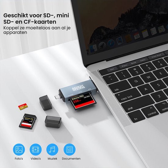 Adapter voor SD, mini SD en CF-kaarten aangesloten op laptop met geheugenkaarten rondom