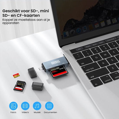 Adapter voor SD, mini SD en CF-kaarten aangesloten op laptop met geheugenkaarten rondom