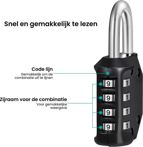 Zwart cijferslot met vier draaiwieltjes en duidelijk afleesbare cijfercombinatie.