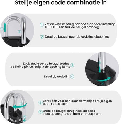 Instructies voor het instellen van een eigen cijfercode op een metalen hangslot.