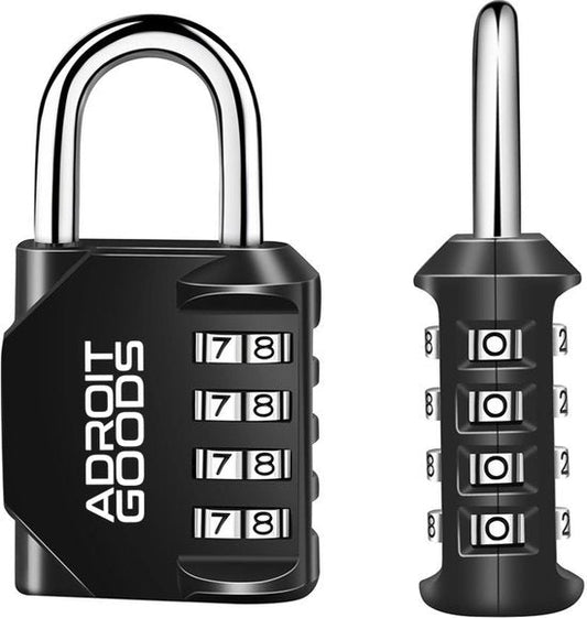 Zwart cijferhangslot met vier wieltjes en metalen beugel voor beveiliging van eigendommen.