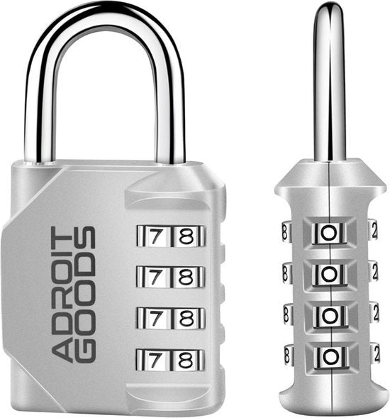 zilverkleurig hangslot met viercijferige draaicode en glanzende metalen beugel