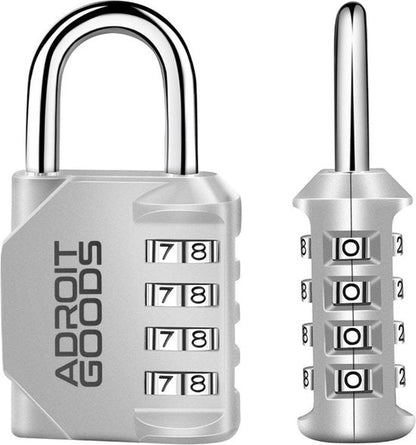 zilverkleurig hangslot met viercijferige draaicode en glanzende metalen beugel