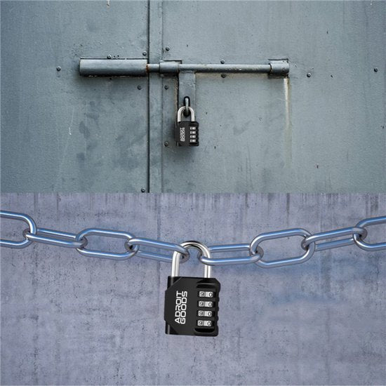 Zwart cijferhangslot op metalen ketting en stalen deur voor beveiliging en bescherming