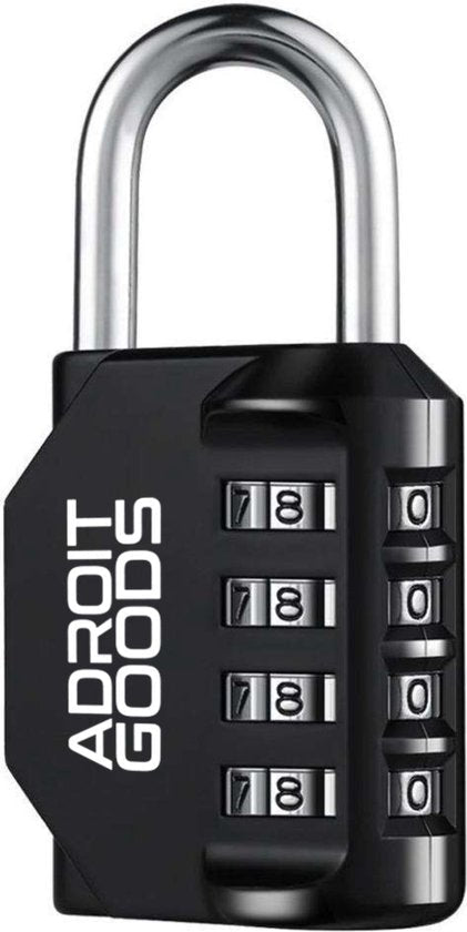 zwarte cijferslot met vier draaicijfers en metalen beugel voor beveiliging