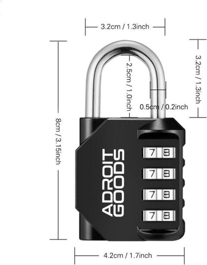 zwart cijfercombinatie hangslot met afmetingen in centimeters en inch weergegeven