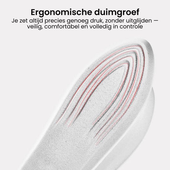 Close-up van een ergonomische duimgroef voor veilige, comfortabele en precieze gripcontrole.